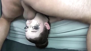 Big Titty Goth Babe with Sloppy Ruined Makeup & Black Lipstick Gets EXTREME Absent the Wainscot Upside Down Facefuck with Balls Deep Slamming Throatpie